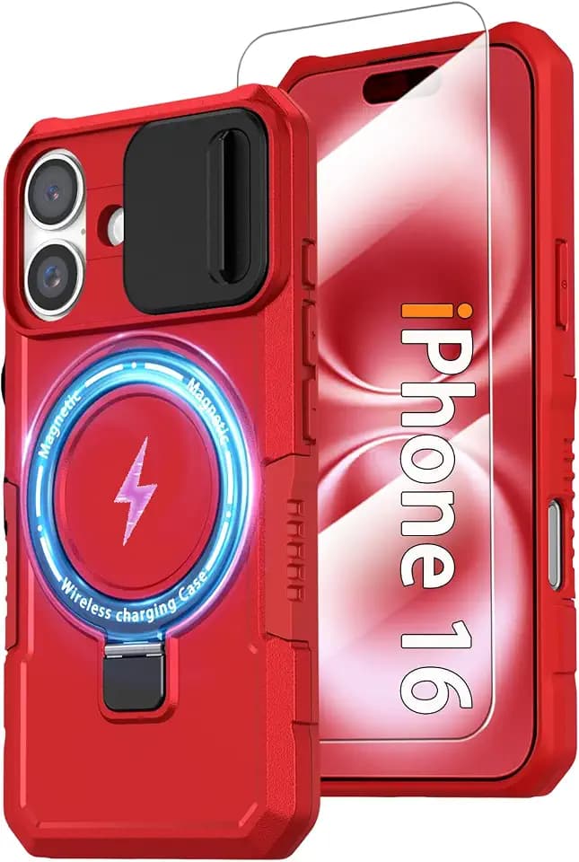 Magnetic Phone Case for iPhone 16, with Ring Stand [Glass Screen Protector] [Compatible with MagSafe] Military Grade Case with Camera Cover, Heavy Duty Shockproof Cover for iPhone 16 6.1 inch, Red