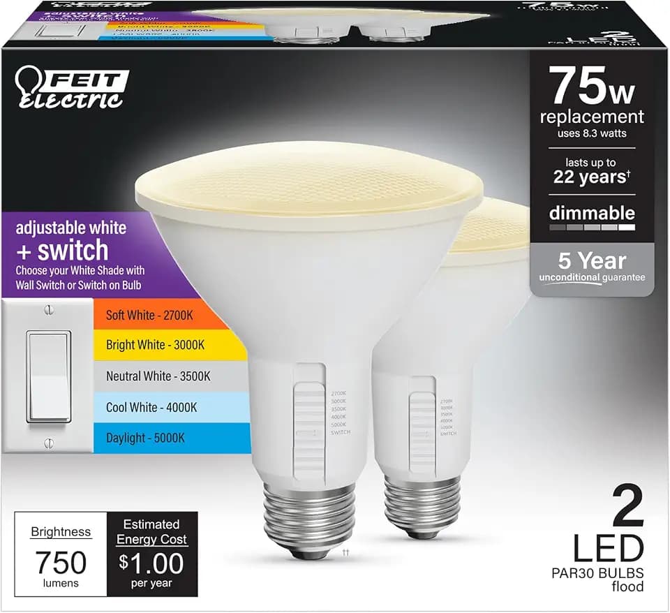 Feit Electric PAR30 LED Reflector Light Bulb, 75W Eq, 5CCT 6Way, 2 Pack