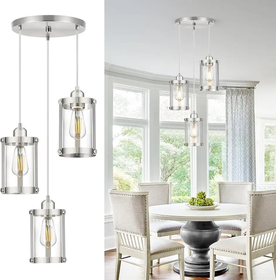 Brushed Nickel 3-Light Cluster Pendant Chandelier Light, Clear Glass