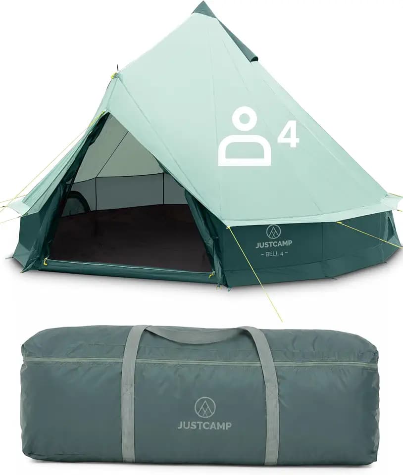 JUSTCAMP Bell Familienzelt für 4–12 Personen – wasserdichtes Tipi Zelt mit 3.000 mm Wassersäule, Stehhöhe, Moskitonetzen und eingenähtem Boden