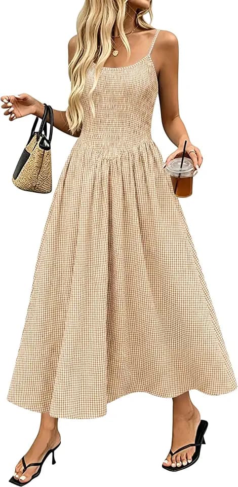 Relipop Women Summer Gingham Dress Smocked Midi Sundress with Pockets