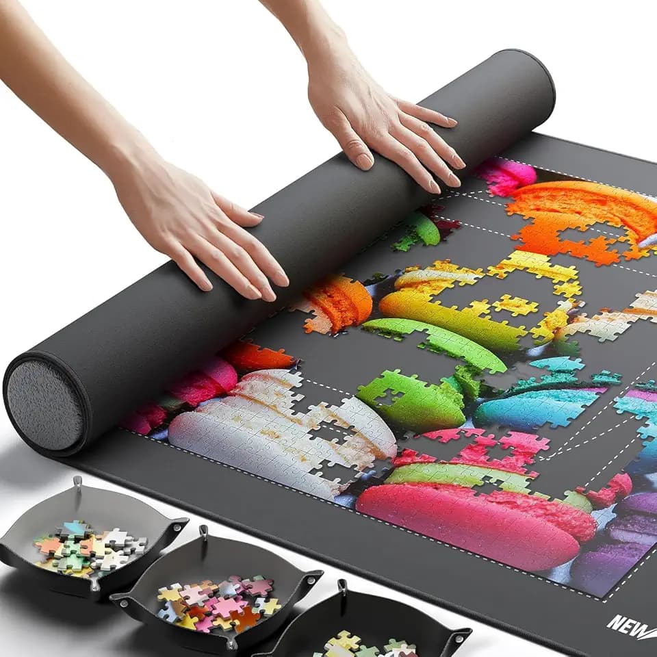 Newverest Puzzlematte zum Aufrollen 100 x 60 cm – Für bis zu 1000 Teile, rutschfeste Unterseite & Glatte Oberfläche + 3 Sortierschalen & Tragetasche für Reisen