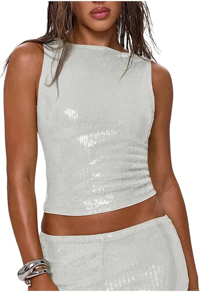 MakeMeChic Women's Sparkly Sequin Tank Tops Going Out Rave Tops