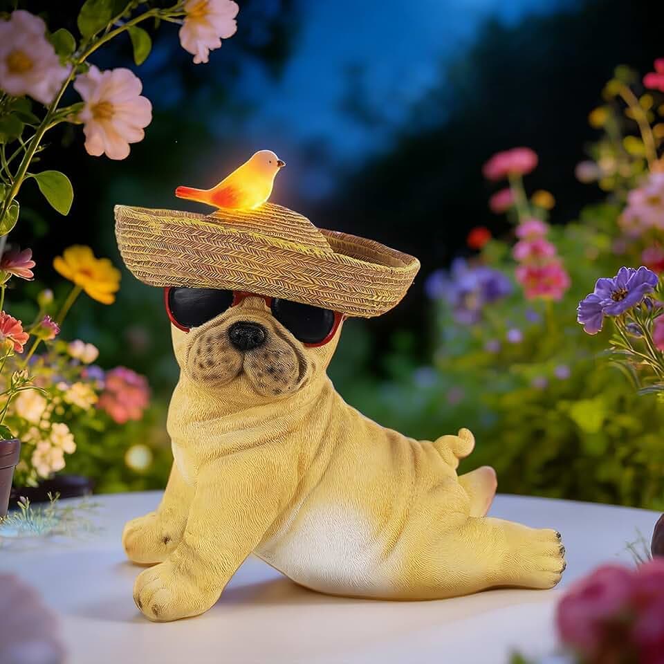 Glintoper Solar Garden Statue Dog Figurine, 8.7" Outdoor Resin Puppy Whimsical Lawn Porch Yard Art, Birthday Mothers Day Ideal Gifts, Lighted Shar Pei Ornaments for Patio Pathway Yard Decoration ﻿