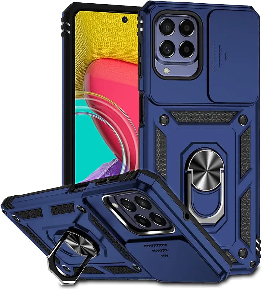 Handyhülle für Galaxy M53 5G Case/für Samsung M53 SM-M536B hülle mit Schiebe kamer Abdeckung, integriertem 360°-Drehring-Ständer magnetisch stoßfest Schutzhülle für Samsung Galaxy M53 5G Blau