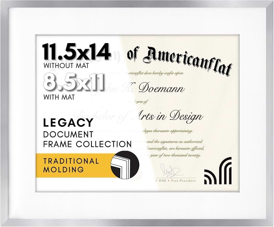 Americanflat Diplomrahmen mit bruchfestem Glas, 21,5 x 27,9 cm mit Passepartout oder 11,5 x 14 cm ohne Passepartout, dünner Rahmen für Wanddekoration, Legacy-Kollektion, Silber
