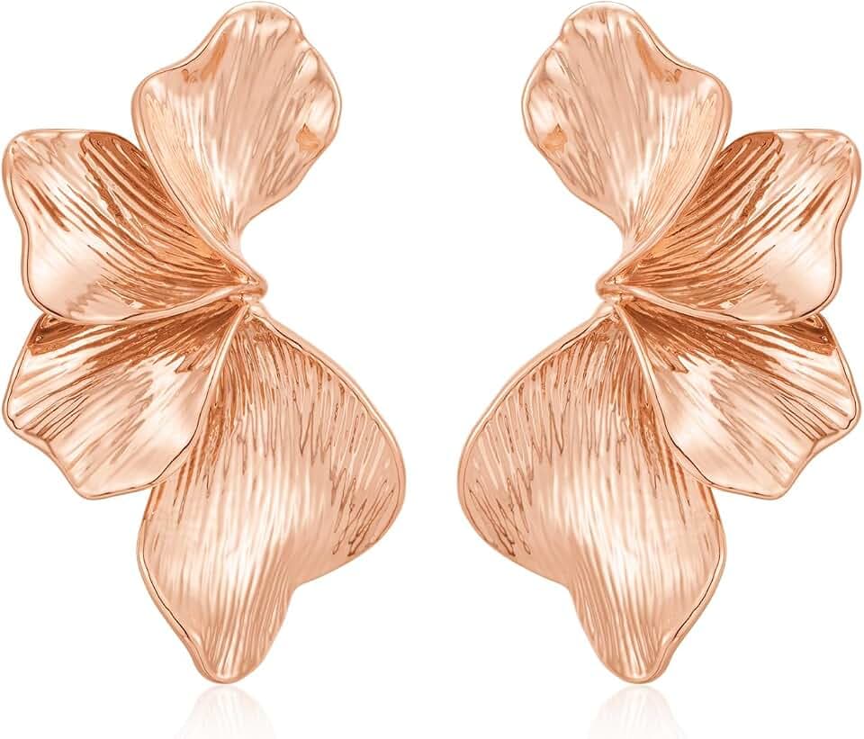 Chunky Gold Statement Earrings For Women Gold Plated Sectored Flower Leaf Shell Angel Wing Earrings Trendy Boho Jewelry For Women Large Stud Earrings Hypoallergenic Earrings Gold Jewelry Gift