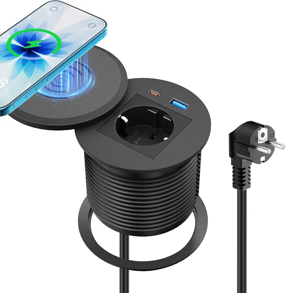 Einbausteckdose mit USB-C PD 30W und 15W Qi-Laden, Ø80 mm