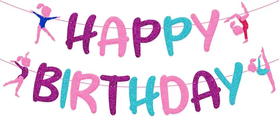 Gymnastics Birthday Banner Girl Gymnast Theme Happy Birthday Sign Party Decorations Glitter Purple Pink Blue Gymnastics Party Supplies