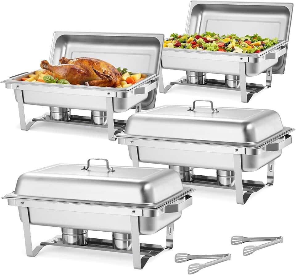 VEVOR Rectangle Chafing Dishes, 9 Qt 4 Pack Stainless Steel Chafing Dish, Food Warmer Chafer Complete Set with Hollow Handle, 2 Food Tongs, Lid, Canister Holder, Chafer Dishes for Banquet Wedding