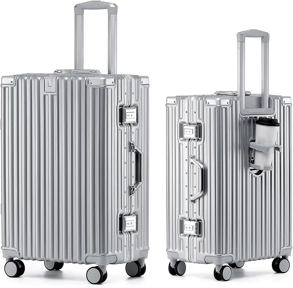 HotWay 26 Inch Checked Zipperless Luggage with Cup Holder, Silver