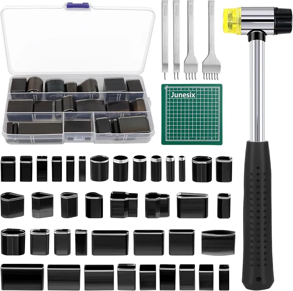 45PCS Leder Bastelset Stanzgerät Werkzeug,39 Formen Stil Hohlstanzer Werkzeug,mit 4PCS Spacing Punch Tool(5 mm Abstand (2 + 4 + 6)),1 Hammer und 1 Matte für Leder Handwerk