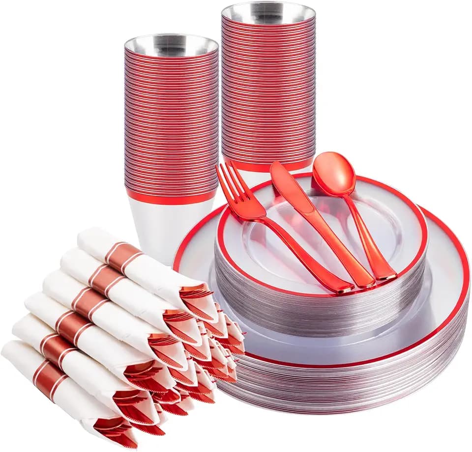 BESTSTAR 175PCS Clear and Red Disposable Plates Set for 25 Guests for Party