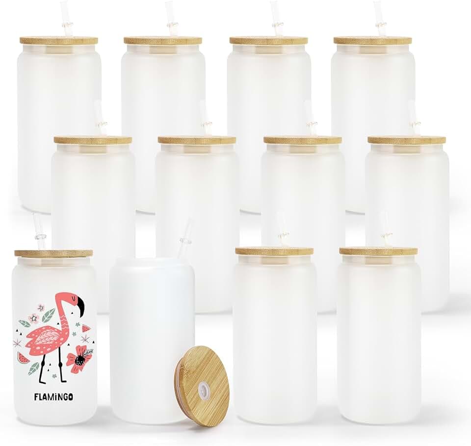 AGH Frosted 16OZ Sublimation Glass Cups with Bamboo Lids and Straws,12Pack Iced Mason Glass Jar,Can Glass Tumbler with Lids and Straws,Drinking Glass Tumbler for Iced Coffee,Whiskey,Soda,Milk,Juice.