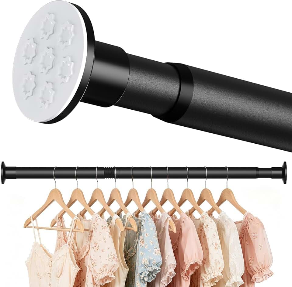 No Drilling Closet Rod, Adjustable Black Closet Rod, 28-98 Inches Closet Tension Rods for Hanging Clothes for Wardrobes, Closet, Laundry & Bathroom (Black)