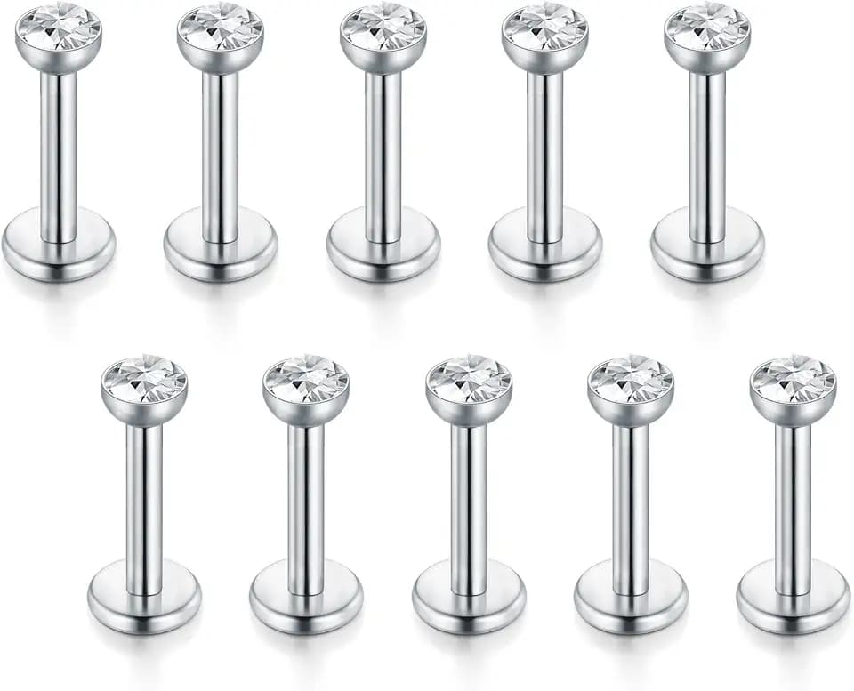 Funseedrr 10er 1.2mm Chirurgenstahl Lippenpiercing 6mm 8mm Labret Stecker Set Silber Tragus Helix Piercing Schmuck