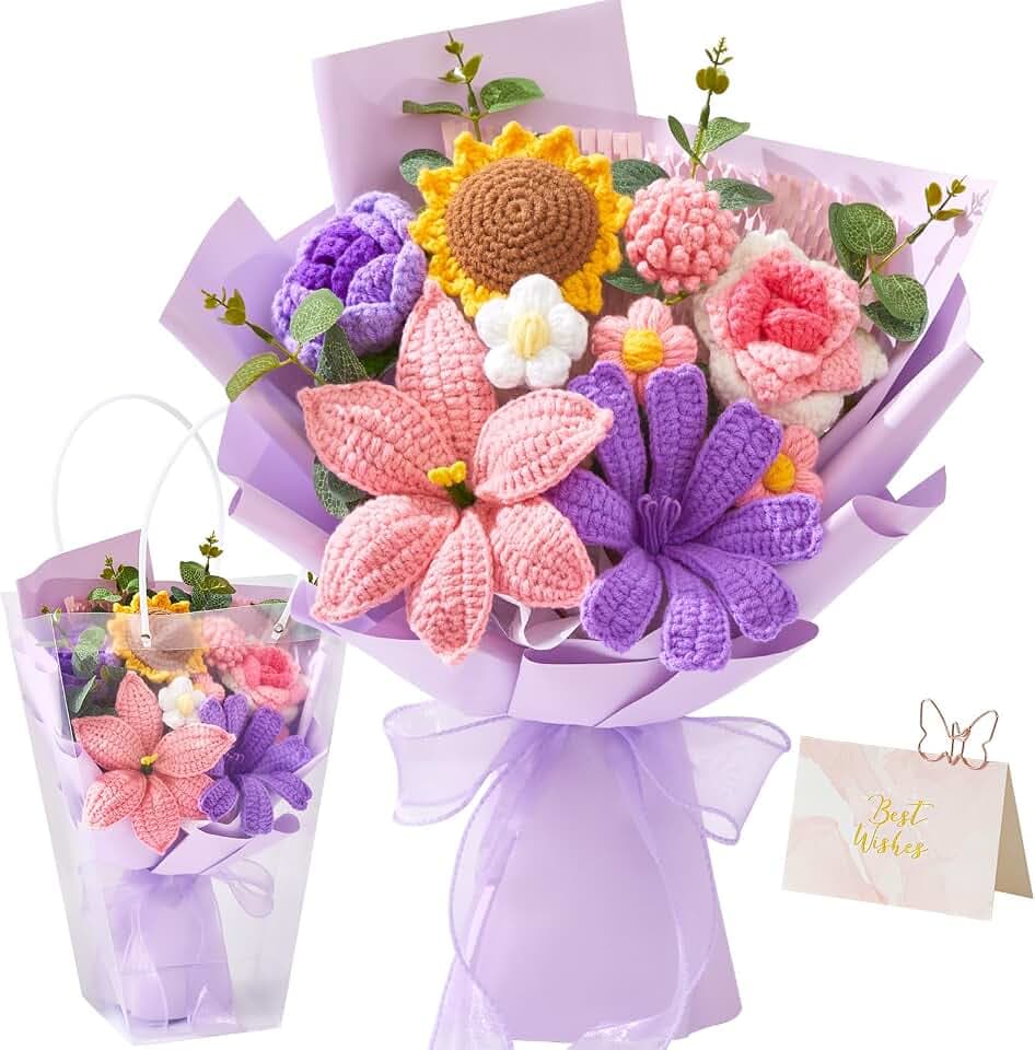 Crochet Flower Bouquet Pink&Purple Knitted Flowers