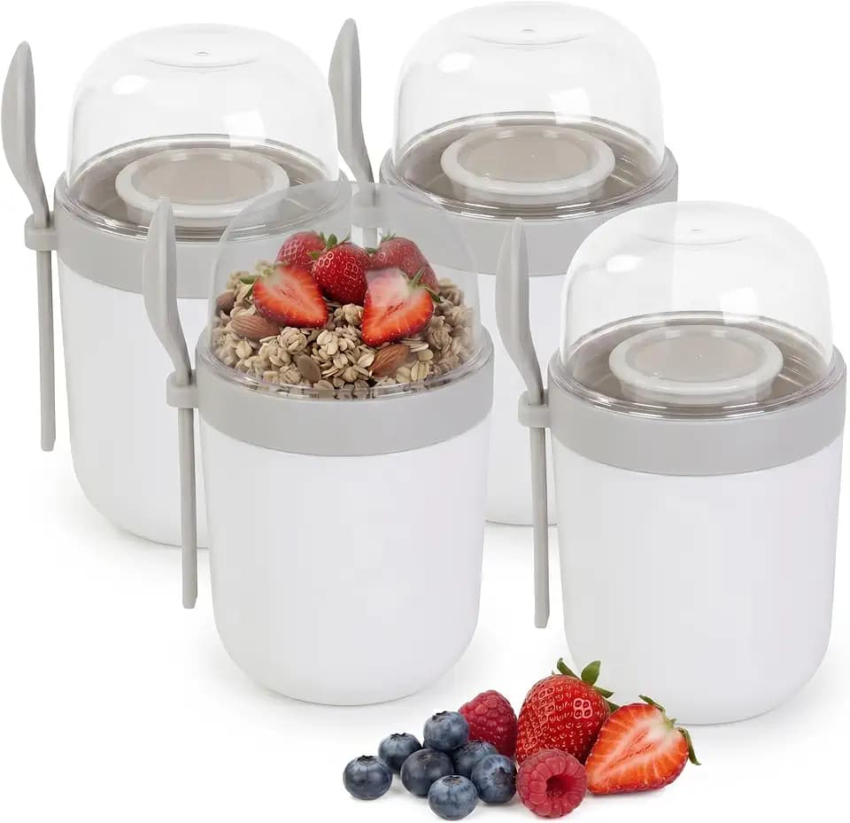 Relaxdays Müslibecher to go, 4er Set, 3 Fächer, Löffel, auslaufsicher, weiß
