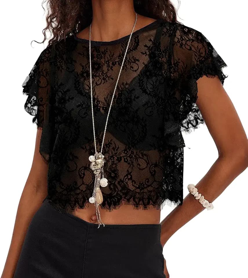 Women Lace Sheer Poncho Top Boho Ruffle Sleeve Flowy Shawl Blouses Cover Up