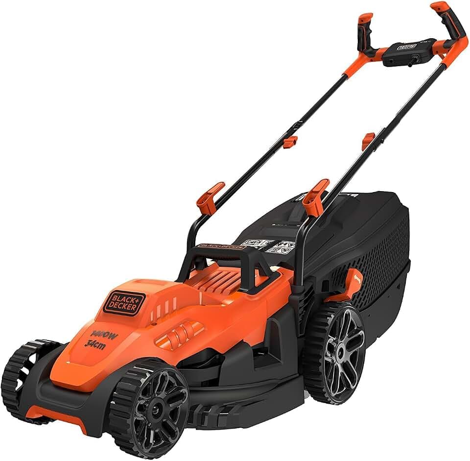 BLACK+DECKER Rasenmäher Akku Rasenmäher Elektro mit Fahrradlenker-Griff (1.400W, 34cm Schnittbreite, 6-fach Höhenverstellung, 40l Grasfangbehälter, geeignet für mittlere Gärten) BEMW461B