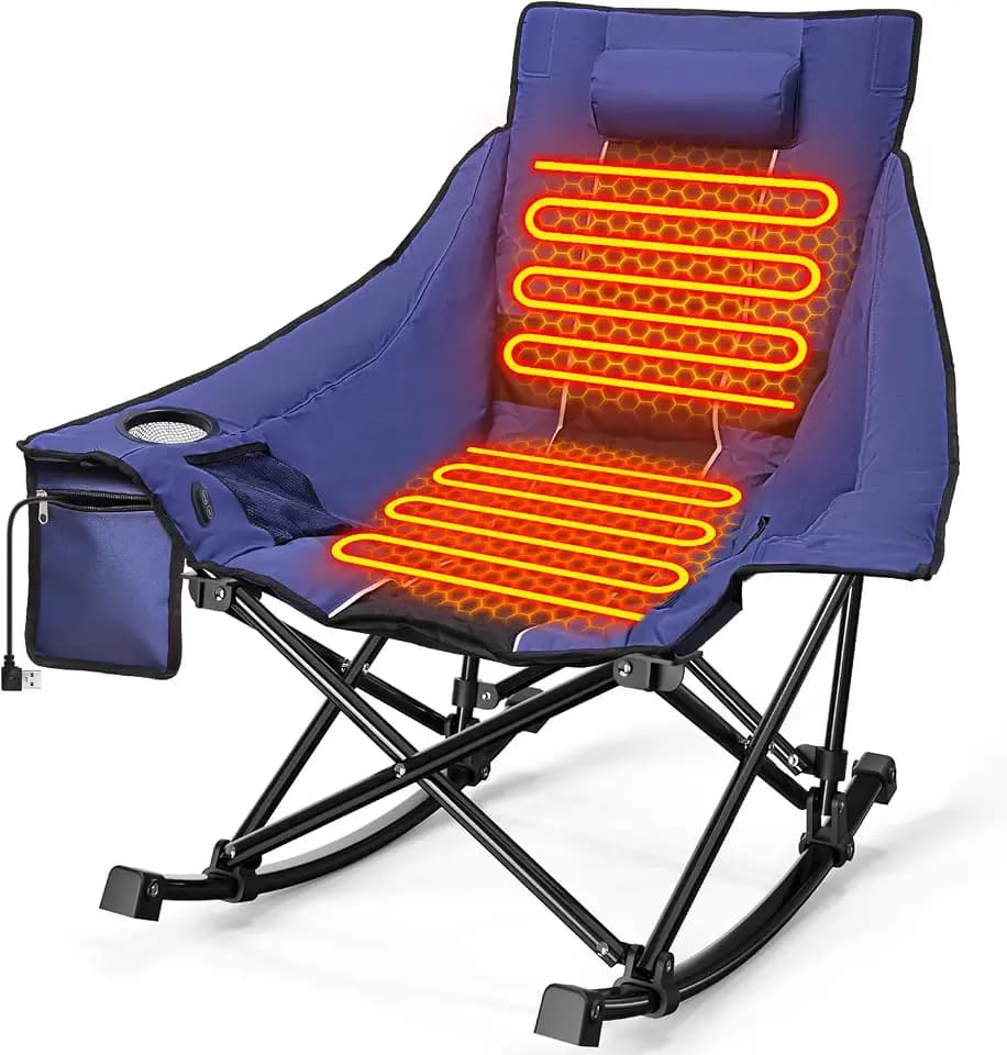 Slendor Oversized Heated Camping Chair, Folding Heated Rocking Chair with Padded Pillow, 3 Adjustable Heat Settings Portable Camp Chair for Outdoor & Indoor Use, NO Power Bank, Blue