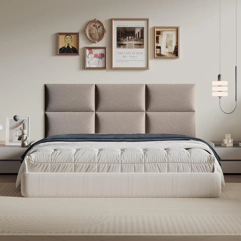 9-Piece Khaki Upholstered Headboard Queen Size with Wall Panels, Tufted Linen Wall Mounted, Adjustable Bed Compatible Headboard for Modern Bedroom