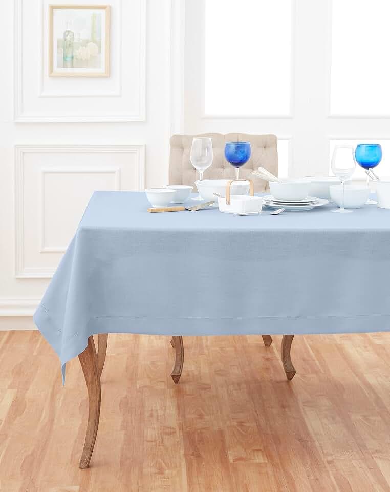 Solino Home 100% Linen Tablecloth Sky Blue, Classic Hemstitch 60 x 120 in