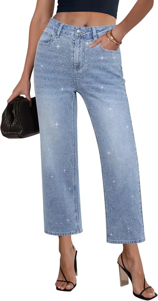 GRAPENT Cropped Jeans for Women High Waisted Straight Leg Embellished Rhinestone Concert Party Night Out Sparkly Jeans