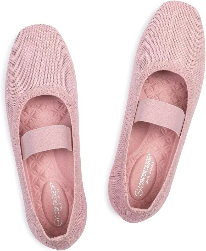 Frank Mully Women's Ballet Flats Slip on Casual Knitted Fabric Shoes Square-Toe Flats with Elastic Straps for Women