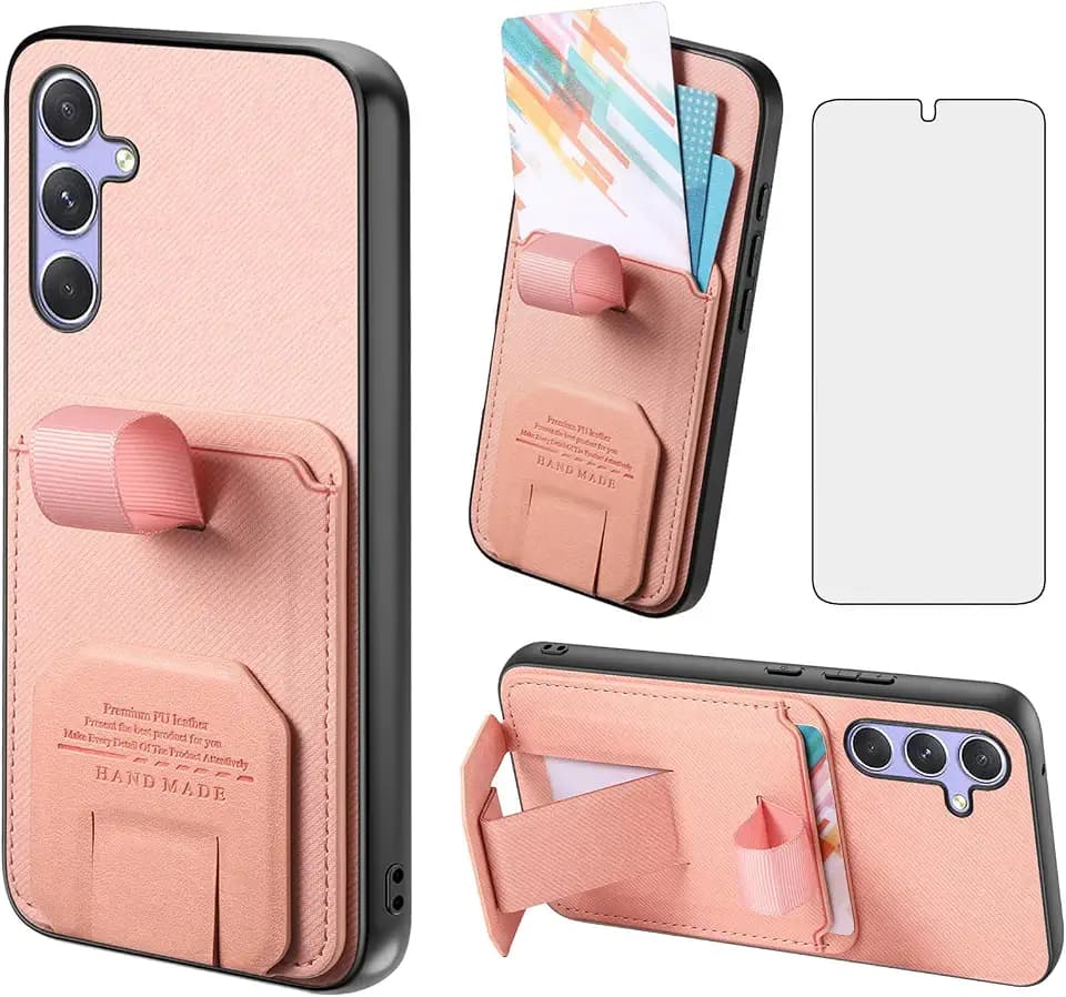 Asuwish Phone Case for Samsung Galaxy A35 5G Wallet Cover with Tempered Glass Screen Protector and PU Leather Stand Credit Card Holder Slot Rugged Purse Cell Accessories A 35 35A A355G Women Men Pink