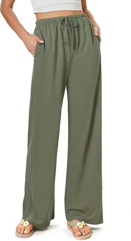 Glacspyg Damen Hosen Flowy Wide Leg Freizeithose Casual Beach Strandhose High Waisted Kordelzug Palazzo Hosen mit Taschen