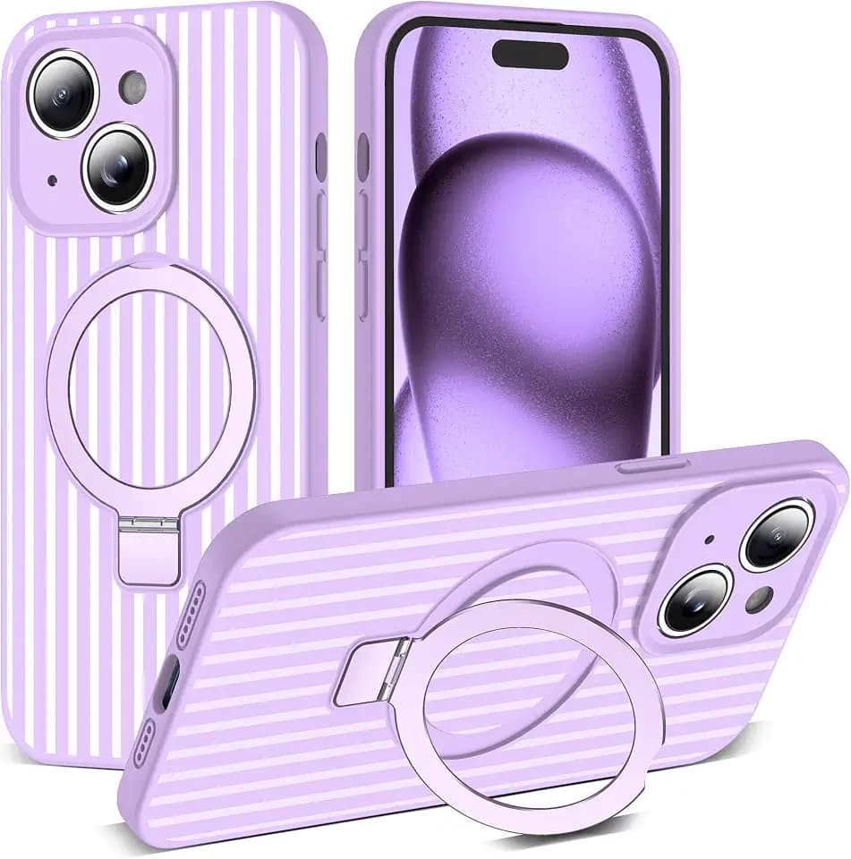 SKYLMW Striped Case for iPhone 15 Plus with Stand,6.7" Purple/White