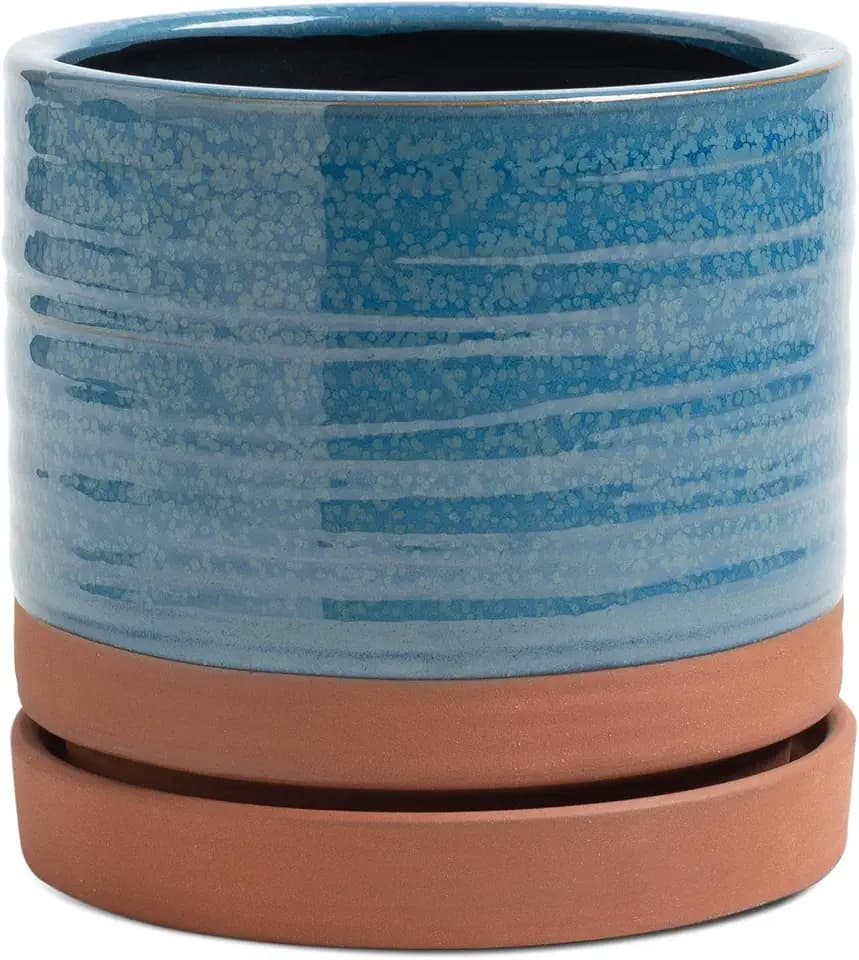 HERDUK 6 Inch Plant Pots, Ceramic Planter Pot with Drainage Hole & Saucer, Indoor/Outdoor Cylinder Round Planter Pot, Aqua Blue & Terracotta Red