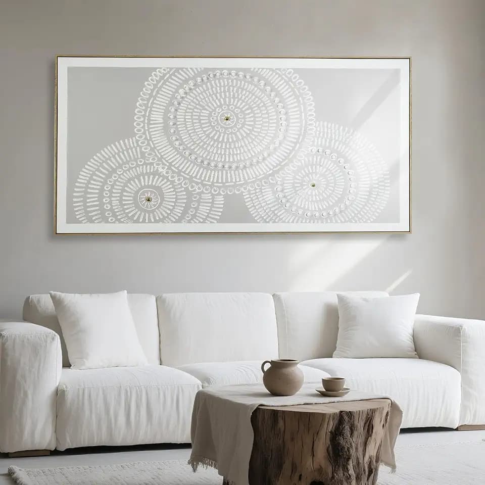 Large Abstract Boho Wall Art 29"x58", Handmade 3D Textured Gray White Canvas Painting, Framed Modern Oversized Wall Decor for Living Room Bedroom Office, Ready to Hang with No-Damage Mounting Kit