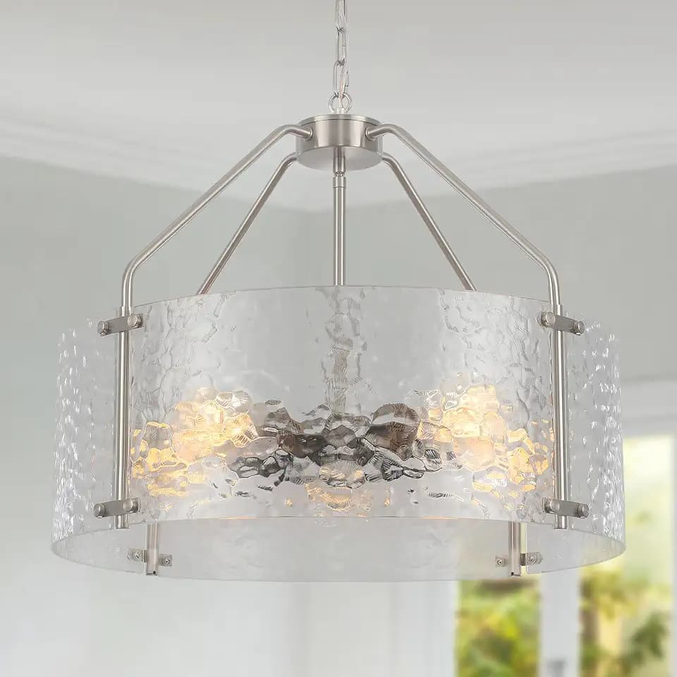 Glass Drum Chandelier for Dining Room 20'' Brushed Nickel Living Room Light Fixture 5-Light Kitchen Chandeliers Over Table Bedroom Light Fixture for Dining Room Hallway Foyer Kitchen