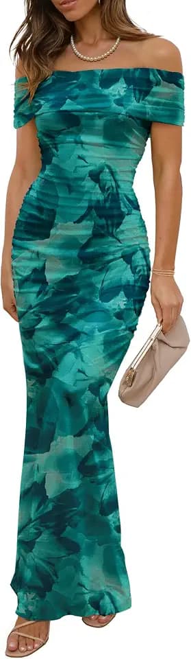 LUXVEER Wedding Guest Dresses for Women 2026 Floral Formal Cocktail Maxi Styles Off the Shoulder Stretch Sexy Bodycon Dress