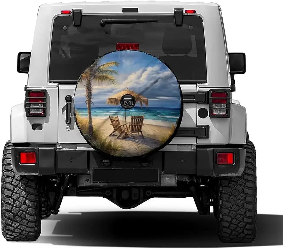 Beautiful Beach Palm Trees Spare Tire Cover with Backup Camera Hole Wheel Tire Cover Fit Trailer, RV, SUV and Many Vehicle 18inch