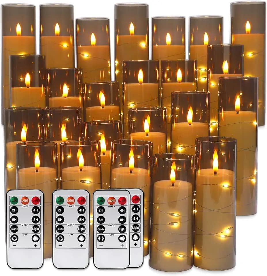 24 Pack Flameless LED Pillar Candles with Remote & Timer, Flickering Battery Operated Candles with Embedded Starry Lights, 3-Sizes Gray Acrylic Decorative Candles for Wedding, Home, Party Decor