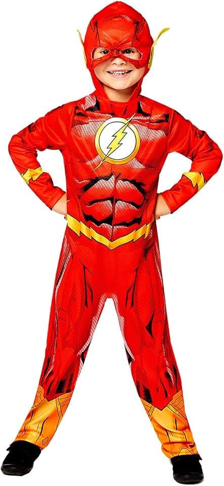 Amscan - Kinderkostüm The Flash, bedruckter Overall mit Kopfbedeckung, 100 % recycelte Materialien, Serie, DC Super Heroes, Motto-Party, Karneval