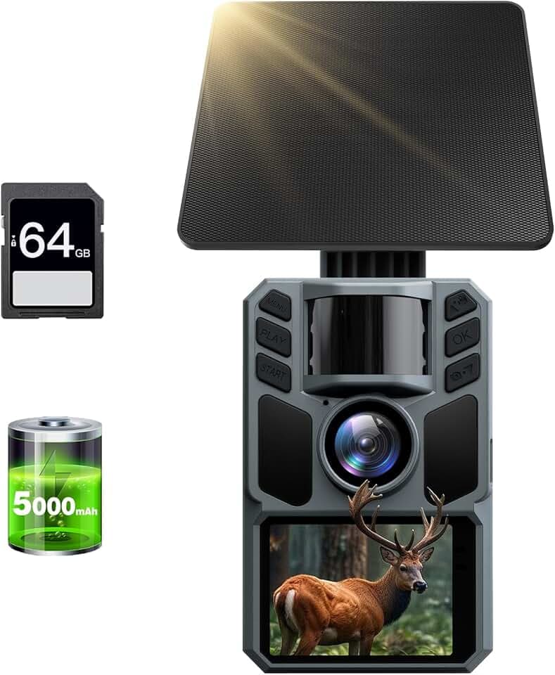 Trail Camera Solar Powered 4K 48MP, 5000mAh Built-in Battery Wildlife Hunting Game Camera, Motion Activated Night Vision, IP67 Waterproof, Includes 64GB SD Card