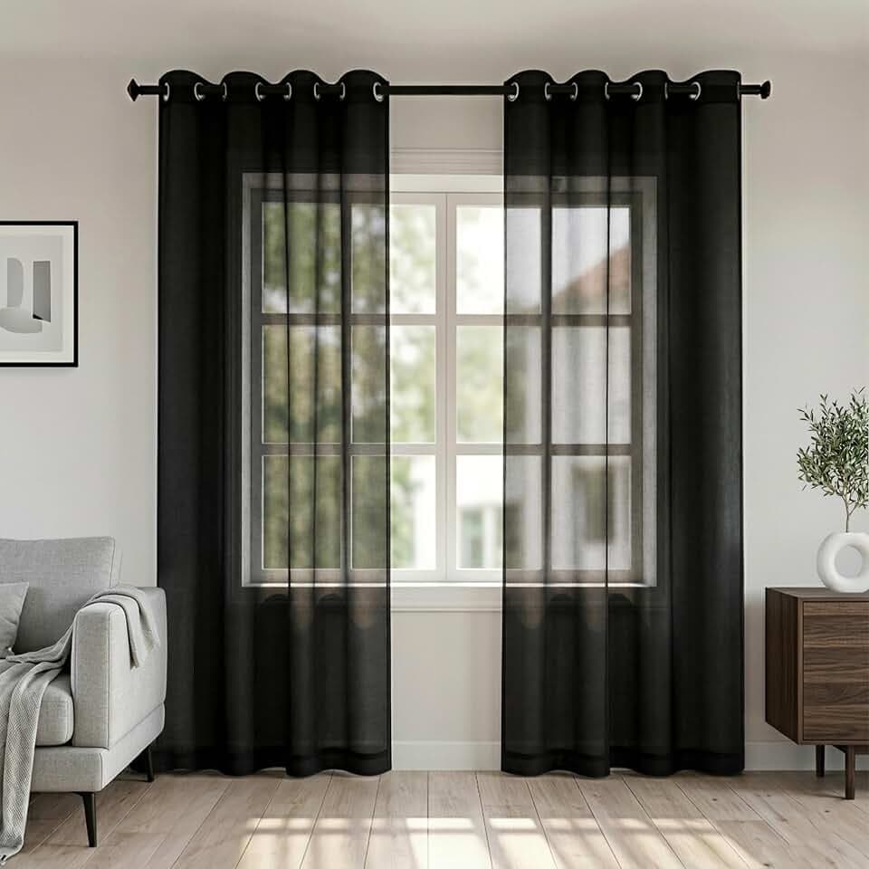 KOUFALL Black Sheer Curtains 84 Inches Long for Living Room Set of 2 Panels Grommet Window Drapes Semi Voile Modern Black Transparent Curtains for Bedroom 52x84 Inch Length