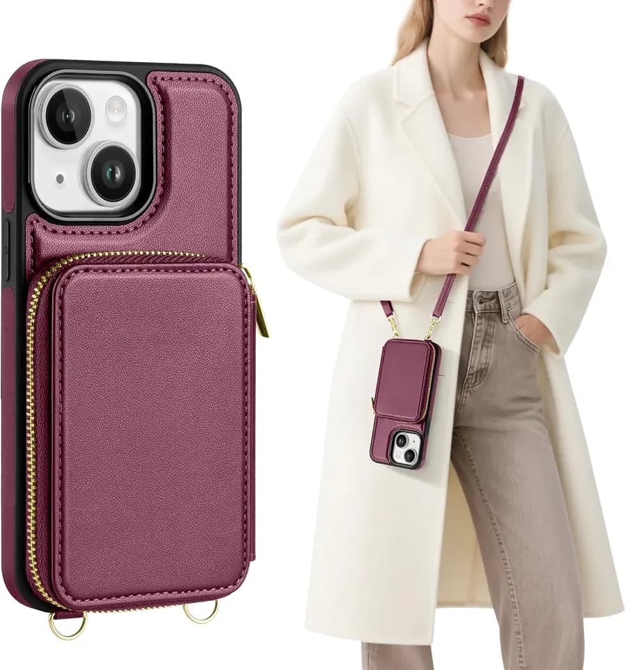 SkyEagle Crossbody Phone Wallet Case for iPhone 14,Wine Red