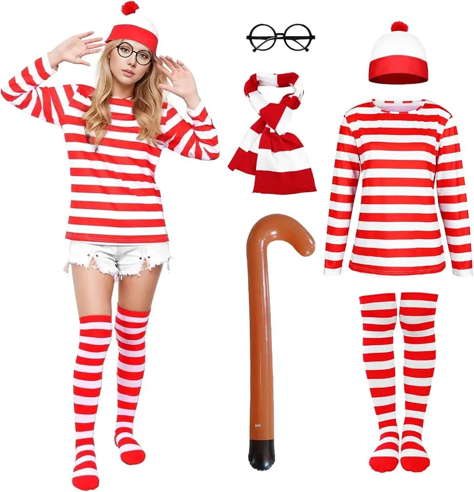 Rot-weiß gestreiftes T-Shirt-Set für Erwachsene, 5-teiliges Wally-Kostüm, Hut, T-Shirt, Stange, Schal, Brille, Kostüm-Set, 90er-, 80er-Jahre-Kostüm, Halloween-Kostüme für Männer und Frauen