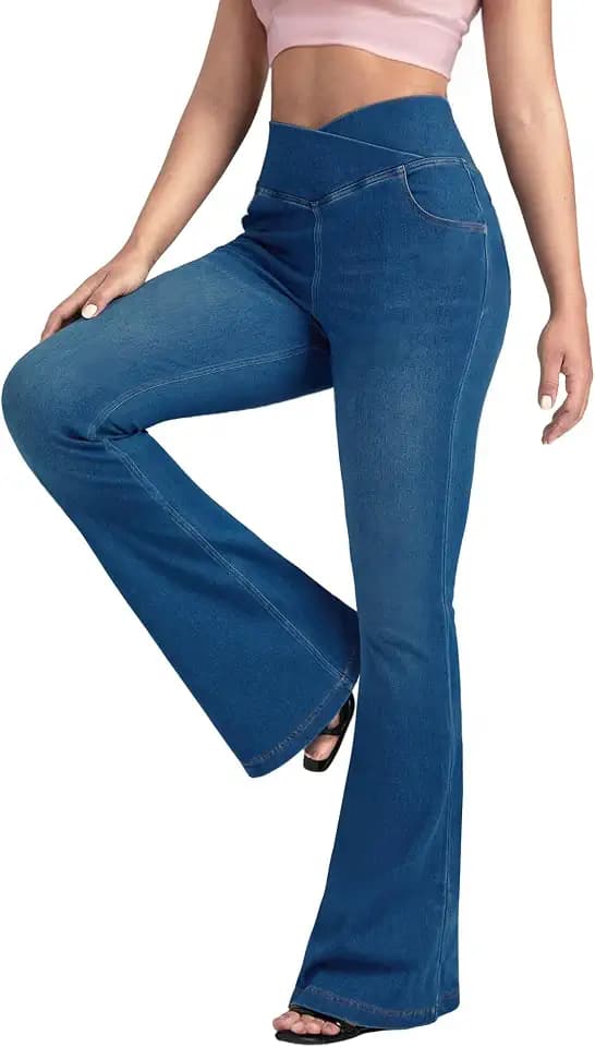 BlueRose Flare Jean for Women,Bell Bottom Jeans for Women Knit Crossover High Waisted Bootcut Jean Dark Blue