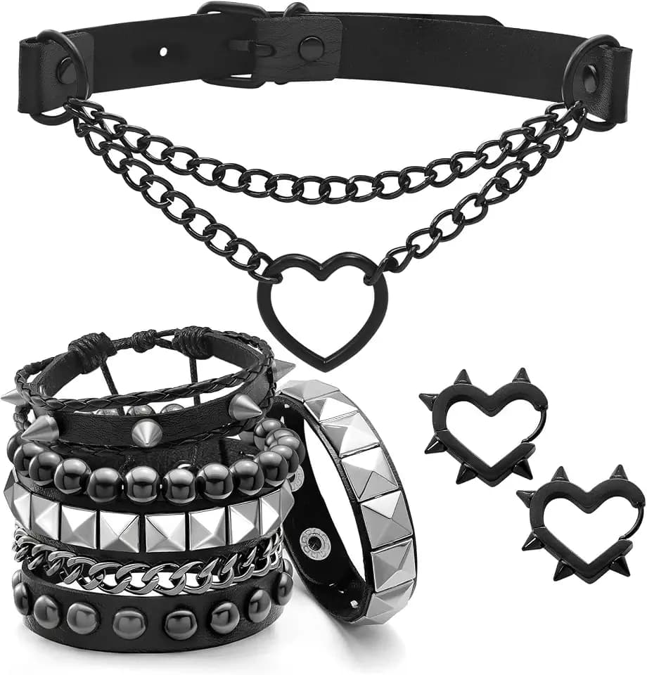 6 Pcs Punk Studded Bracelets Grunge Gothic Necklace Earrings Jewelry Set 80s Alt PU Emo Bracelets Goth Heart Chain Choker Layered Cross Necklace Y2K Spike Heart Earrings for Women Men