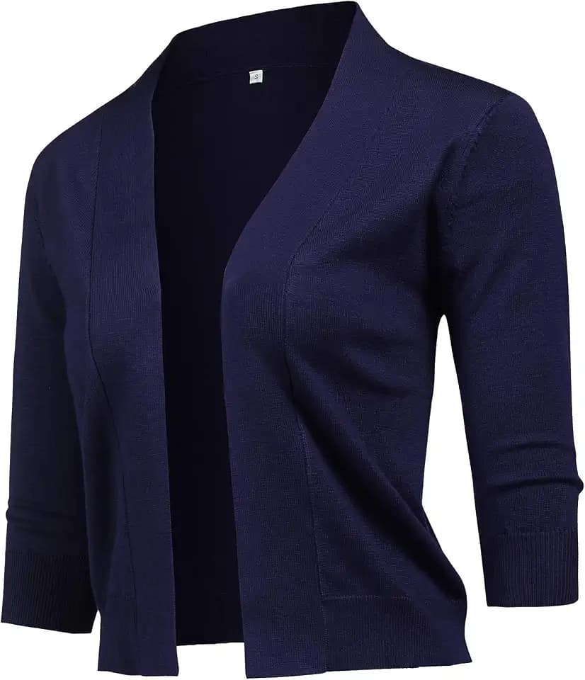 URRU Women's Classic 3/4 Sleeve Open Front Cropped Cardigan Sweater Lightweight Knit Short Shrugs