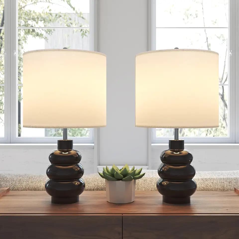 17.5" Black Ceramic Gourd Table Lamps Set of 2, Touch Control Farmhouse Lamps for Nightstand Living Room, Small Rustic Bedside Lamp for Bedroom Desk End Table Office with Linen Shades