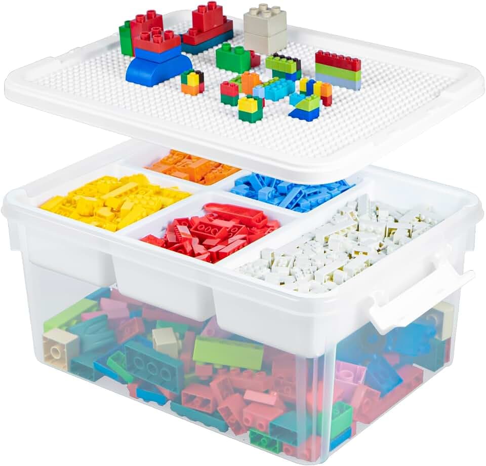 Creahaus 16L Aufbewahrungsbox mit herausnehmbarem Tablett, Kunststoffbehälter mit Gebäude Grundplatte Deckel und Verschlussschnallen, stapelbare Bastelbox für Kunst,Playdoh,Werkzeug,Basteln,Spielzeug