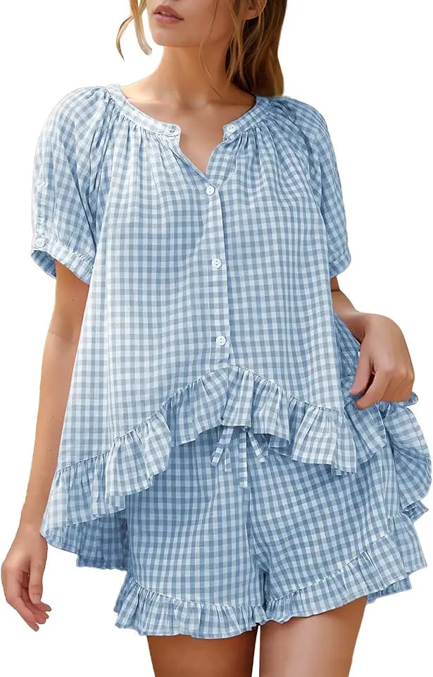 Flygo Cotton Pajamas for Women Gingham Set Lounge Sets