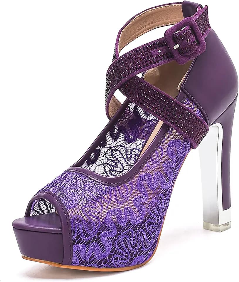 getmorebeauty Women's Lace Block High Heels Sandals Rhinestone Crisscross Ankle Strap Open Toe Platform Wedding Dressy Shoes